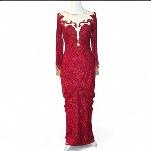Tarik Ediz Burgundy Lace Long Sleeve Dress